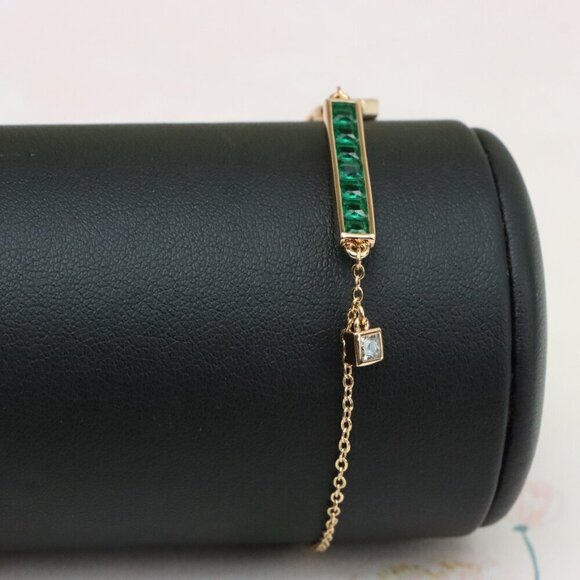 "Emerald Green Bar Charm Rose Gold Bracelet with CZ Accents, XPBL0806 - Picture 6 of 11